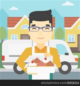 An asian smiling baker holding a box of cakes. Baker delivering cakes. A baker with cupcakes standing on the background of delivery truck. Vector flat design illustration. Square layout.. Baker delivering cakes vector illustration.