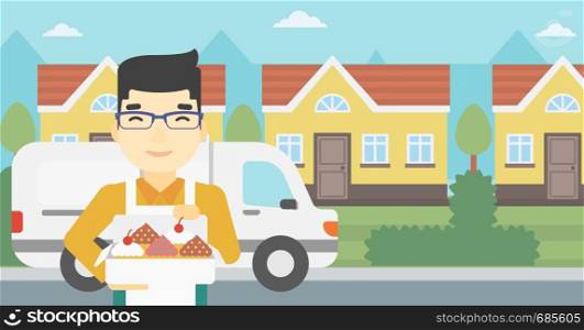 An asian smiling baker holding a box of cakes. Baker delivering cakes. A baker with cupcakes standing on the background of delivery truck. Vector flat design illustration. Horizontal layout.. Baker delivering cakes vector illustration.