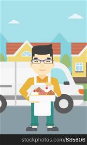 An asian smiling baker holding a box of cakes. Baker delivering cakes. A baker with cupcakes standing on the background of delivery truck. Vector flat design illustration. Vertical layout.. Baker delivering cakes vector illustration.