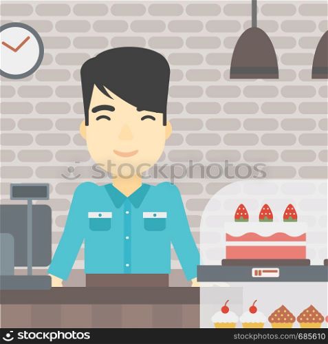 An asian smiling bakery worker offering different pastry. A bakery worker standing behind the counter with cakes at the bakery. Vector flat design illustration. Square layout.. Worker standing behind the counter at the bakery.
