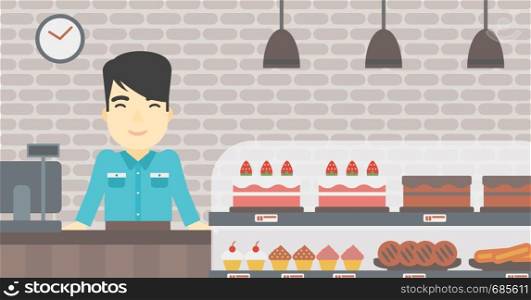 An asian smiling bakery worker offering different pastry. A bakery worker standing behind the counter with cakes at the bakery. Vector flat design illustration. Horizontal layout.. Worker standing behind the counter at the bakery.