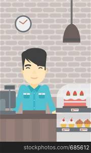 An asian smiling bakery worker offering different pastry. A bakery worker standing behind the counter with cakes at the bakery. Vector flat design illustration. Vertical layout.. Worker standing behind the counter at the bakery.