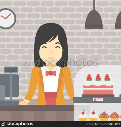 An asian smiling female bakery worker offering different pastry. A bakery worker standing behind the counter with cakes at the bakery. Vector flat design illustration. Square layout.. Worker standing behind the counter at the bakery.