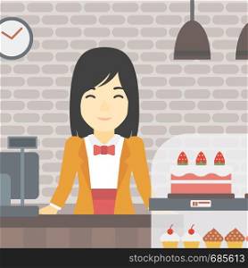 An asian smiling female bakery worker offering different pastry. A bakery worker standing behind the counter with cakes at the bakery. Vector flat design illustration. Square layout.. Worker standing behind the counter at the bakery.