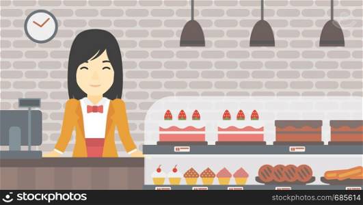 An asian smiling female bakery worker offering different pastry. A bakery worker standing behind the counter with cakes at the bakery. Vector flat design illustration. Horizontal layout.. Worker standing behind the counter at the bakery.