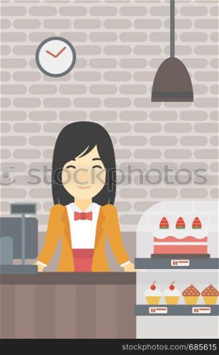 An asian smiling female bakery worker offering different pastry. A bakery worker standing behind the counter with cakes at the bakery. Vector flat design illustration. Vertical layout.. Worker standing behind the counter at the bakery.