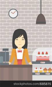 An asian smiling female bakery worker offering different pastry. A bakery worker standing behind the counter with cakes at the bakery. Vector flat design illustration. Vertical layout.. Worker standing behind the counter at the bakery.