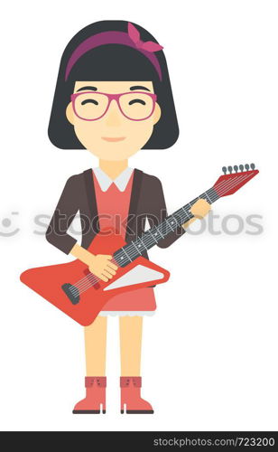An asian smiling musician playing electric guitar vector flat design illustration isolated on white background.. Musician playing electric guitar.