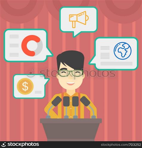 An asian speaker standing at podium with microphones at business conference. Speaker giving speech at podium and speech squares around him. Vector flat design illustration. Square layout.. Male speaker on the podium vector illustration.