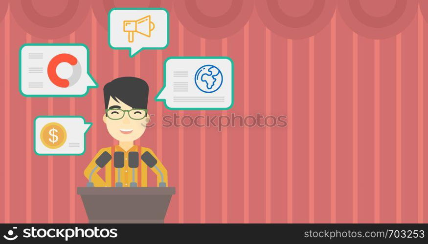 An asian speaker standing at podium with microphones at business conference. Speaker giving speech at podium and speech squares around him. Vector flat design illustration. Horizontal layout.. Male speaker on the podium vector illustration.