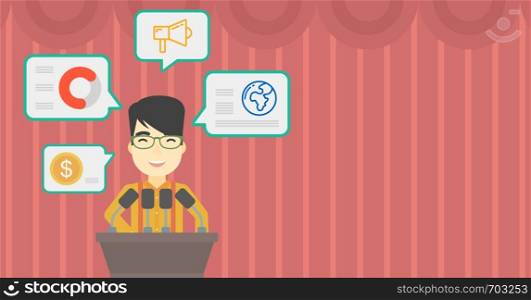 An asian speaker standing at podium with microphones at business conference. Speaker giving speech at podium and speech squares around him. Vector flat design illustration. Horizontal layout.. Male speaker on the podium vector illustration.