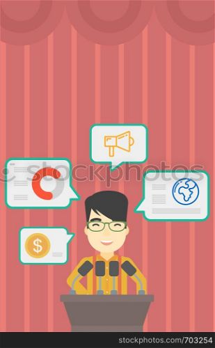 An asian speaker standing at podium with microphones at business conference. Speaker giving speech at podium and speech squares around him. Vector flat design illustration. Vertical layout.. Male speaker on the podium vector illustration.