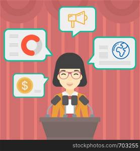 An asian speaker standing on a podium with microphones at business conference. Woman giving speech at podium and speech squares around her. Vector flat design illustration. Square layout.. Female speaker on the podium vector illustration.