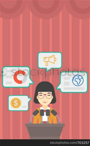 An asian speaker standing on a podium with microphones at business conference. Woman giving speech at podium and speech squares around her. Vector flat design illustration. Vertical layout.. Female speaker on the podium vector illustration.