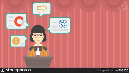 An asian speaker standing on podium with microphones at business conference. Woman giving speech at podium and speech squares around her. Vector flat design illustration. Hhorizontal layout.. Female speaker on the podium vector illustration.