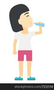 An asian sportive woman drinking water vector flat design illustration isolated on white background.. Woman drinking water.
