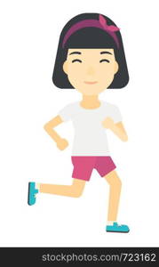 An asian sportive woman jogging vector flat design illustration isolated on white background.. Sportive woman jogging.