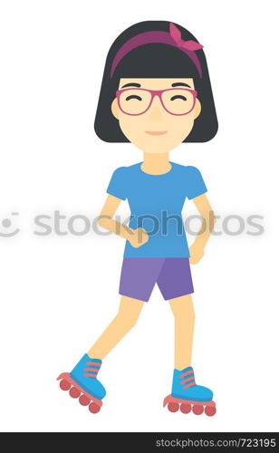 An asian sporty woman on the roller-skates vector flat design illustration isolated on white background.. Sporty woman on roller-skates.