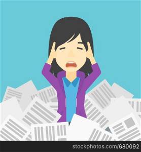 An asian stressed business woman clutching her head because of having a lot of work to do. Busy business woman with lots of papers. Vector flat design illustration. Square layout.. Stressed business woman having lots of work to do.
