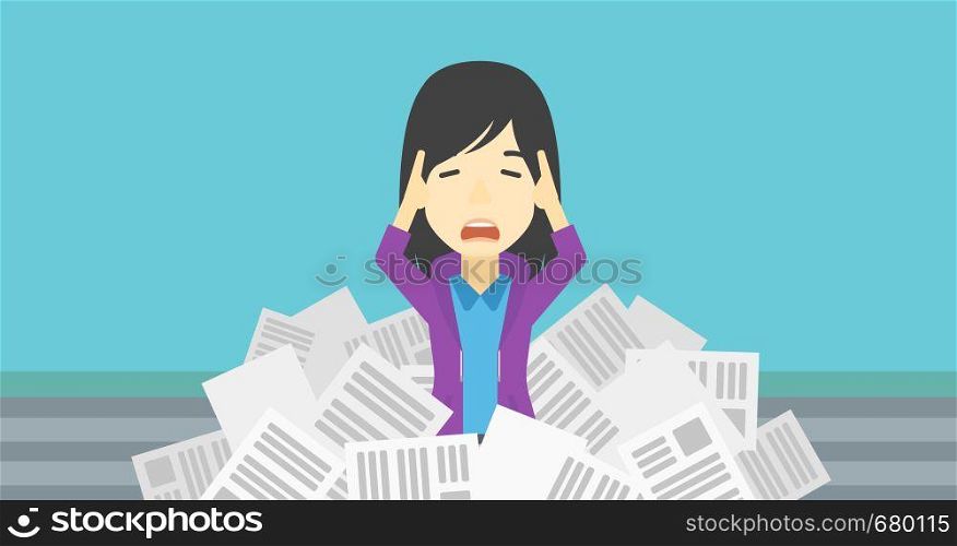 An asian stressed business woman clutching her head because of having a lot of work to do. Busy business woman with lots of papers. Vector flat design illustration. Horizontal layout.. Stressed business woman having lots of work to do.