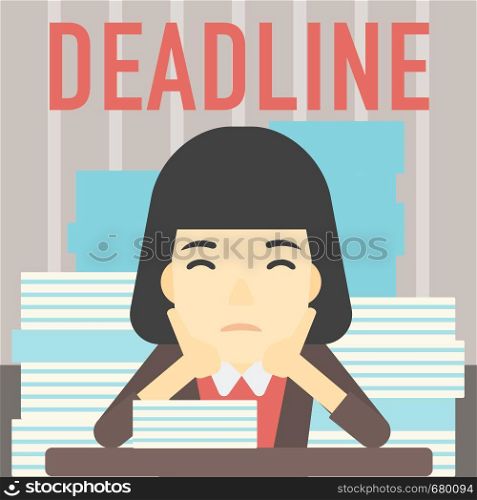An asian stressed business woman sitting at the table with stacks of papers. Business woman having problem with deadline. Deadline concept. Vector flat design illustration. Square layout.. Business woman having problem with deadline.