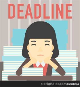 An asian stressed business woman sitting at the table with stacks of papers. Business woman having problem with deadline. Deadline concept. Vector flat design illustration. Square layout.. Business woman having problem with deadline.