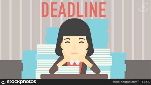 An asian stressed business woman sitting at the table with stacks of papers. Business woman having problem with deadline. Deadline concept. Vector flat design illustration. Horizontal layout.. Business woman having problem with deadline.