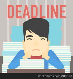 An asian stressed businessman sitting at the table with stacks of papers. Businessman having problem with deadline. Deadline concept. Vector flat design illustration. Square layout.. Businessman having problem with deadline.