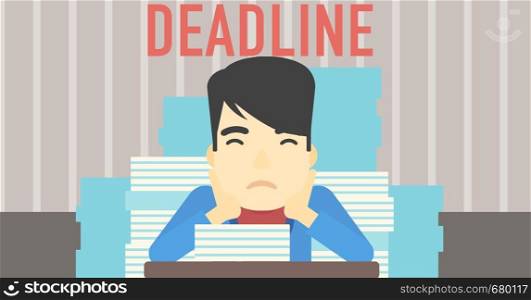 An asian stressed businessman sitting at the table with stacks of papers. Businessman having problem with deadline. Deadline concept. Vector flat design illustration. Horizontal layout.. Businessman having problem with deadline.