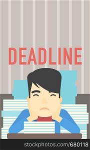 An asian stressed businessman sitting at the table with stacks of papers. Businessman having problem with deadline. Deadline concept. Vector flat design illustration. Vertical layout.. Businessman having problem with deadline.