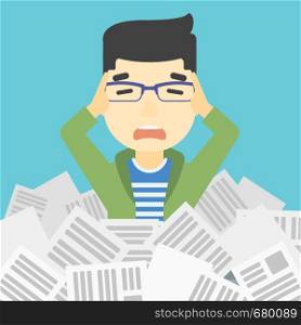 An asian stressed man clutching his head because of having a lot of work to do. Busy businessman with lots of papers. Vector flat design illustration. Square layout.. Stressed businessman having lots of work to do.