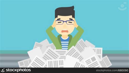 An asian stressed man clutching his head because of having a lot of work to do. Busy businessman with lots of papers. Vector flat design illustration. Horizontal layout.. Stressed businessman having lots of work to do.