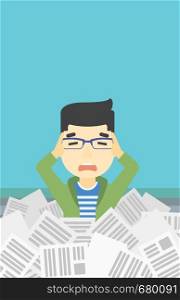 An asian stressed man clutching his head because of having a lot of work to do. Busy businessman with lots of papers. Vector flat design illustration. Vertical layout.. Stressed businessman having lots of work to do.