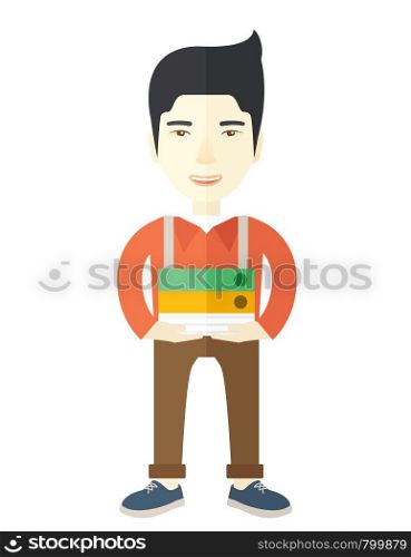 An asian Stressful but happy employee standing in office carrying his finished file report ready to submit to his superior. Busy concept. A Contemporary style. Vector flat design illustration isolated white background. Vertical layout.. Streesful employee