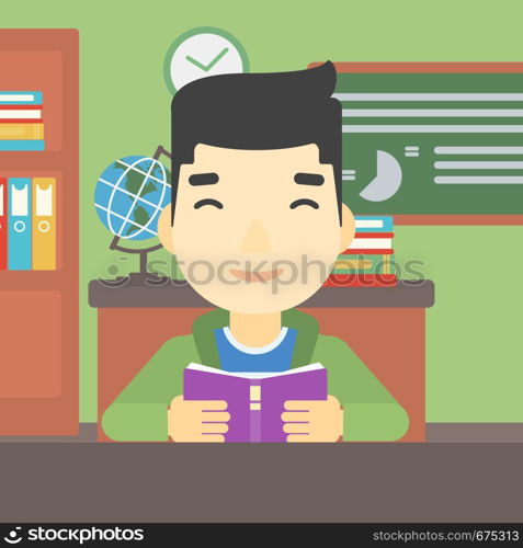 An asian student reading a book. Student reading book and preparing for exam. Student studying at classroom. Education concept. Vector flat design illustration. Square layout.. Student reading book vector illustration.