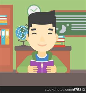 An asian student reading a book. Student reading book and preparing for exam. Student studying at classroom. Education concept. Vector flat design illustration. Square layout.. Student reading book vector illustration.