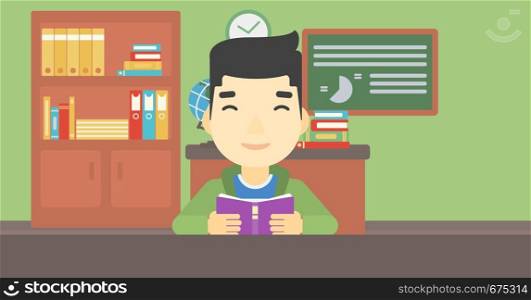An asian student reading a book. Student reading book and preparing for exam. Student studying at classroom. Education concept. Vector flat design illustration. Horizontal layout.. Student reading book vector illustration.