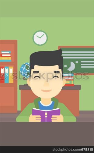 An asian student reading a book. Student reading book and preparing for exam. Student studying at classroom. Education concept. Vector flat design illustration. Vertical layout.. Student reading book vector illustration.