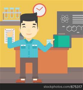 An asian student using a tablet computer in training class. Young man with tablet computer pointing forefinger up. Education technology. Vector flat design illustration. Square layout.. Male student using tablet computer in classroom.