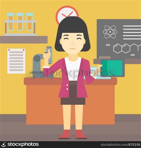 An asian student using a tablet computer in training class. Young woman with tablet computer pointing forefinger up. Education technology. Vector flat design illustration. Square layout.. Female student using tablet computer in classroom.