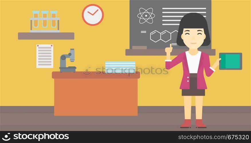 An asian student using a tablet computer in training class. Young woman with tablet computer pointing forefinger up. Education technology. Vector flat design illustration. Horizontal layout.. Female student using tablet computer in classroom.