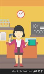 An asian student using a tablet computer in training class. Young woman with tablet computer pointing forefinger up. Education technology. Vector flat design illustration. Vertical layout.. Female student using tablet computer in classroom.
