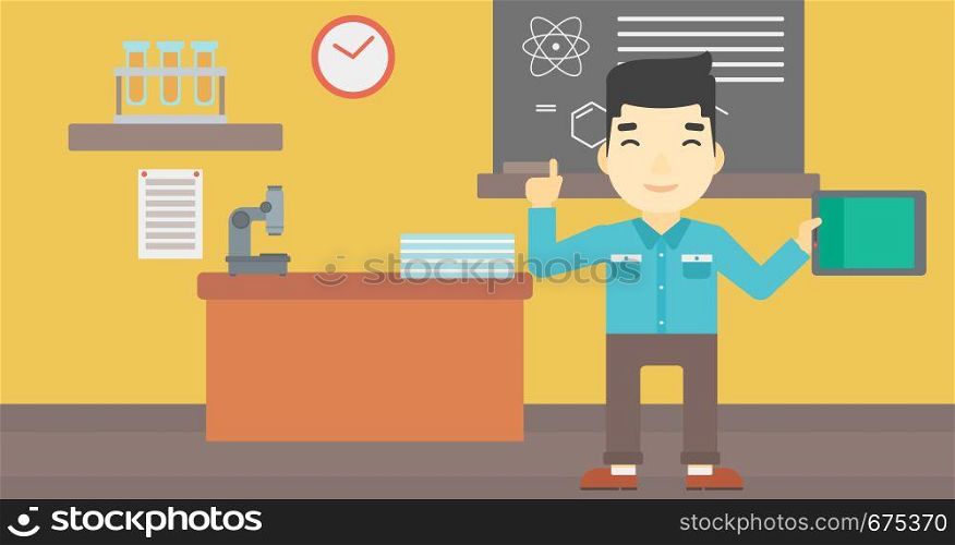 An asian student using a tablet computer in training class. Young man with tablet computer pointing forefinger up. Education technology. Vector flat design illustration. Horizontal layout.. Male student using tablet computer in classroom.