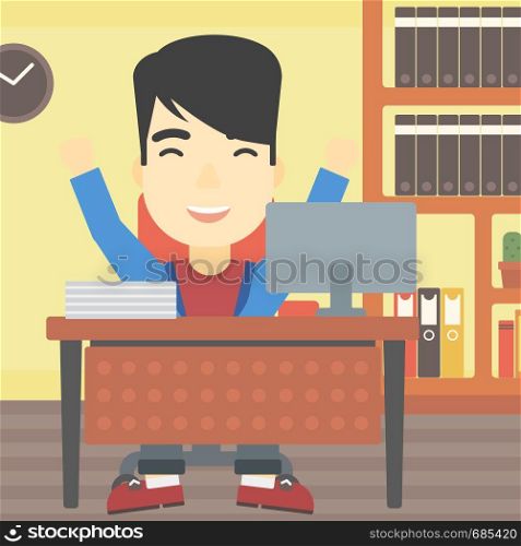 An asian successful businessman celebrating with arms up while sitting at the table in office. Successful business concept. Vector flat design illustration. Square layout.. Successful businessman vector illustration.