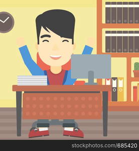 An asian successful businessman celebrating with arms up while sitting at the table in office. Successful business concept. Vector flat design illustration. Square layout.. Successful businessman vector illustration.