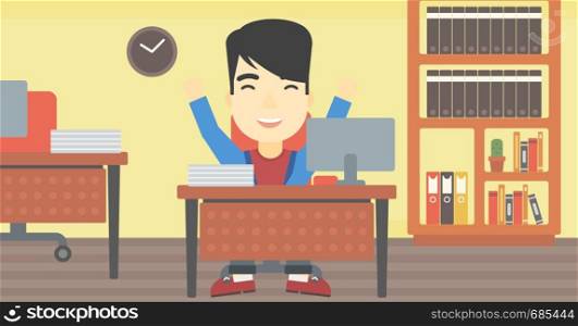 An asian successful businessman celebrating with arms up while sitting at the table in office. Successful business concept. Vector flat design illustration. Horizontal layout.. Successful businessman vector illustration.