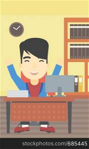 An asian successful businessman celebrating with arms up while sitting at the table in office. Successful business concept. Vector flat design illustration. Vertical layout.. Successful businessman vector illustration.