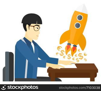 An asian successful man sitting at the table and looking at a rocket with money taking off the paper vector flat design illustration isolated on white background. . Successful business sturt up.