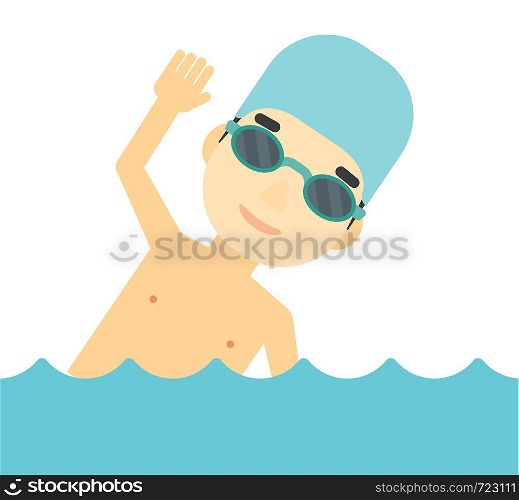 An asian swimmer wearing cap and glasses training in water vector flat design illustration isolated on white background.. Swimmer training in pool.