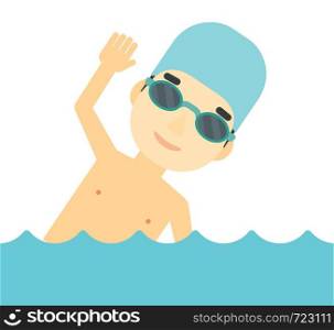An asian swimmer wearing cap and glasses training in water vector flat design illustration isolated on white background.. Swimmer training in pool.